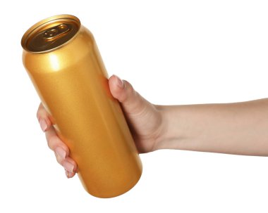 Beyaz arka planda teneke kutusu olan kadın, yakın plan.