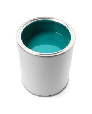 Turkuaz boya tenekesi beyaza izole edilmiş.