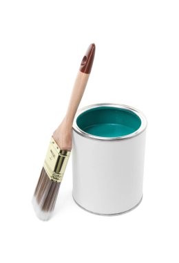 Can of turquoise paint and brush isolated on white