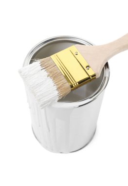 Can of paint and brush isolated on white