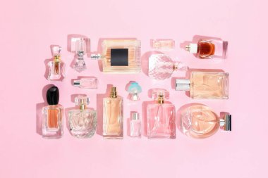 Pembe arka planda çeşitli parfüm şişeleri, düzlük