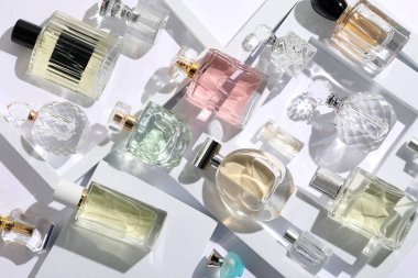 Beyaz arka planda farklı lüks parfümler, düz yatış