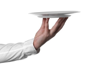 Beyaz arka planda boş plakalı adam, yakın plan