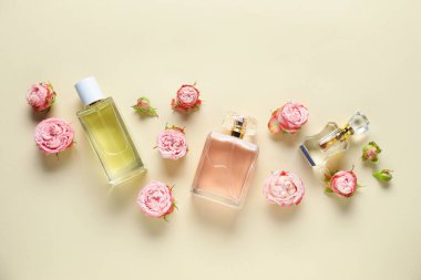 Parfüm şişeleri ve bej arka planda güzel çiçekler.