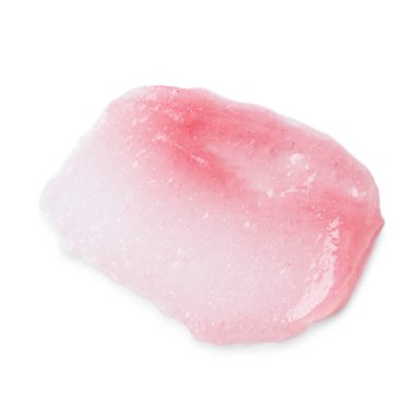 Pembe dudak merhemi örneği beyaz, üst görünümde izole edilmiş.