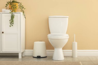 Toilet bowl, brush and trash bin near beige wall in restroom
