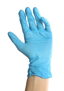 Beyaz arka planda tıp eldivenli doktor, yakın plan.