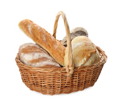 Sepetteki farklı somunlar beyaza izole edilmiş.