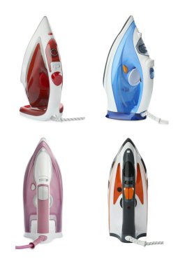 Elektrikli giysiler beyaz üzerine izole edilmiş ütü seti. Ev aletleri