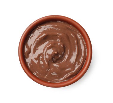 Lezzetli çikolatalı puding, beyaz, üst manzara.