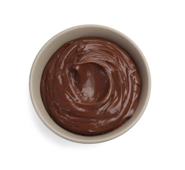 Beyaz manzaralı, kasedeki çikolatalı puding.