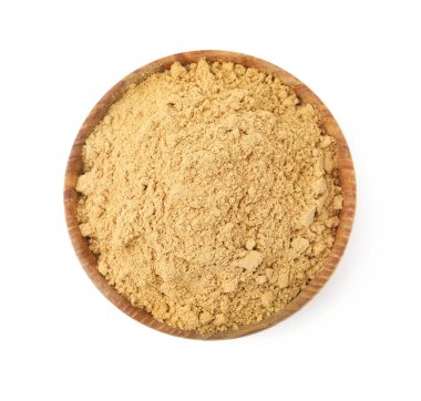 Süper yemek. Kabın içindeki zerdeçal tozu beyaza izole edilmiş, üst manzara