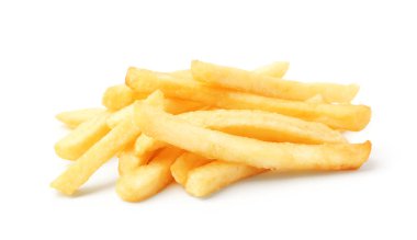 Many delicious French fries isolated on white