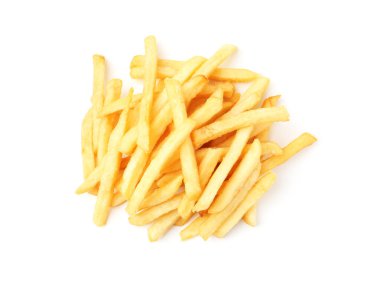 Many delicious French fries isolated on white, top view