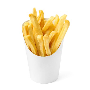 Tasty French fries in paper container isolated on white