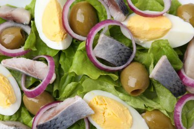 Ringa balıklı nefis salata, arka plan olarak yumurta ve sebze, üst görünüm