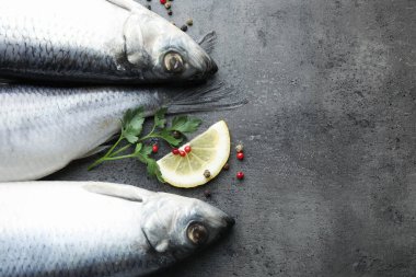 Tuzlu ringa balıkları ve baharatlar gri masada, düz yerde. Metin için boşluk