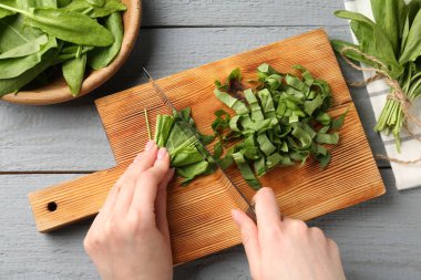 Gri ahşap masada taze kuş yaprakları kesen kadın.