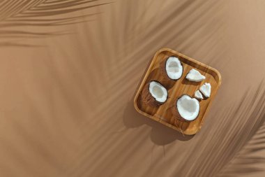 Taze hindistan cevizleri ve tropikal palmiyelerin bej arka planda bıraktığı gölgeler. Metin için boşluk