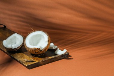 Taze hindistan cevizi ve açık kahverengi arka planda tropikal palmiye tarafından dökülen gölge. Metin için boşluk