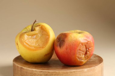 Bej arka planda iki çürük elma, yakın plan.