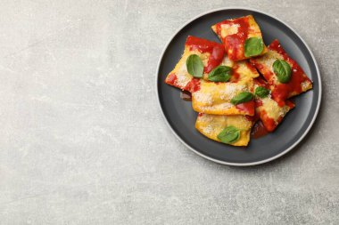 Domates soslu nefis ravioli, parmesan peyniri ve fesleğen, üst manzara. Metin için boşluk