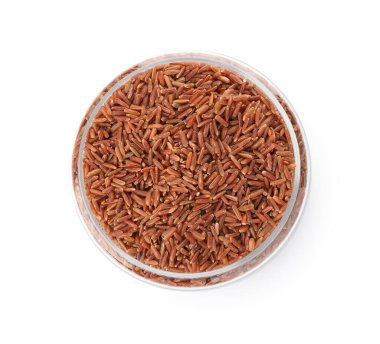 Kavanozda çiğ kahverengi pirinç, beyaz, üst görünümde izole.