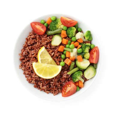 Sebzeli ve limon dilimli nefis kahverengi pirinç.