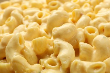 Peynir soslu lezzetli makarna, yakın plan.