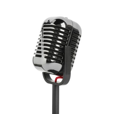 Beyaza izole edilmiş eski bir mikrofon. Müzik ekipmanları