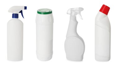 Beyaz arka planda farklı deterjan şişeleri, set. Temizlik ürünleri