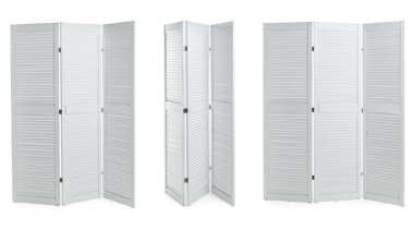 Beyaz katlanan ekran beyaza izole edilmiş, kolaj. Mobilyalar şık.