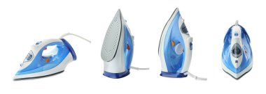 Elektrikli giysi demiri beyaza izole edilmiş, kolaj. Ev aletleri