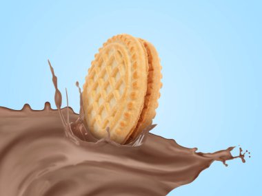 Çikolatalı süt akışı ve açık mavi arka planda nefis kurabiyeler.