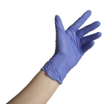 Beyaz arka planda tıp eldivenli doktor, yakın plan.