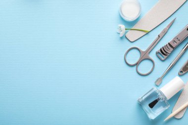 Açık mavi arka planda farklı manikür aletleri ve çiçek seti. Metin için boşluk