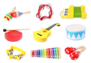 Beyaz arka plandaki çocuklar için farklı müzik aletleri, kolaj