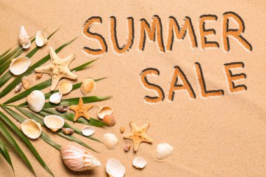 Mevsimlik indirim broşürü. Yaz indirimi, deniz kabukları, deniz yıldızları ve kum üzerinde palmiye yaprağı.