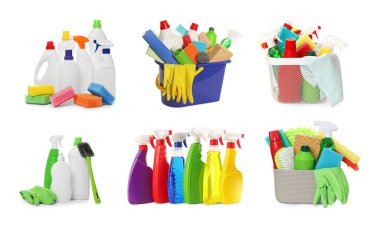 Beyaz arka planda farklı temizlik ürünleri, kolaj