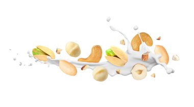 Beyaz arka planda farklı fındıklı süt sıçraması