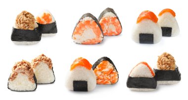 Beyaz arka planda leziz onigiri, kolaj. Japon yemeği