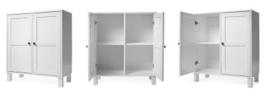 Beyaz kapılı beyaz mobilyalar, kolaj