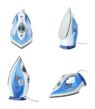 Elektrikli giysi demiri beyaza izole edilmiş, kolaj. Ev aletleri