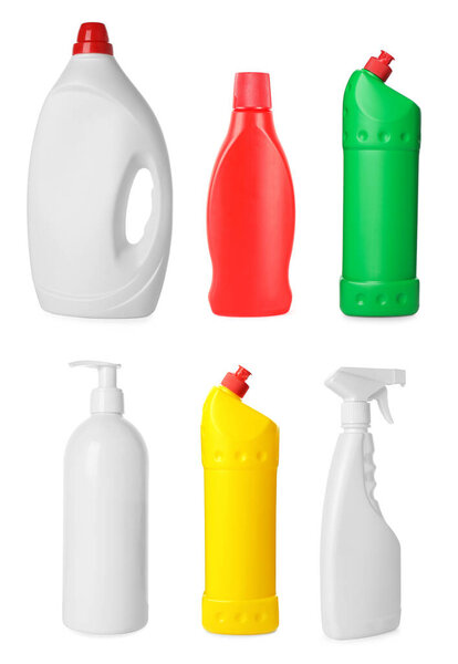 Бутылки различных моющих средств на белом фоне, комплект. Чистящие средства