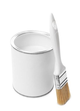 Open can of paint and brush isolated on white