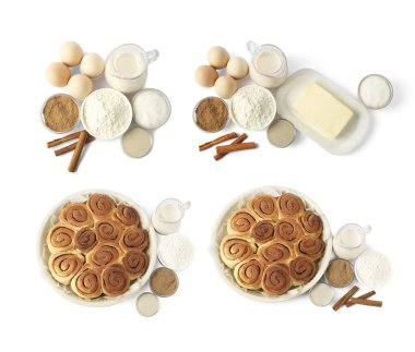 Tarçınlı rulo ve malzemeler beyaz sette izole edilmiş. Üst görünüm