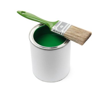 Can of green paint and brush isolated on white