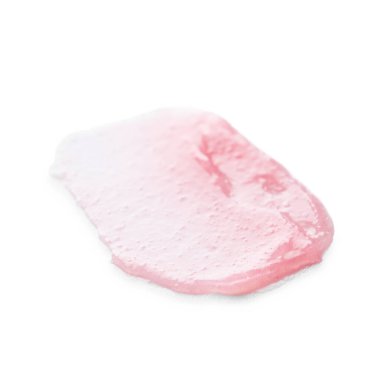 Beyaza izole edilmiş pembe dudak kremi örneği.