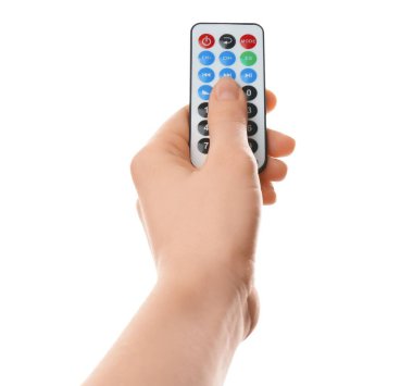Beyaz arka planda uzaktan kumandalı kadın, yakın plan