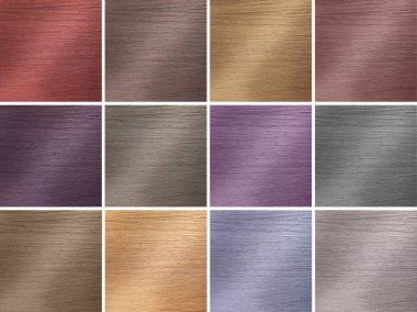 Saç rengi paleti. Farklı tonlara boyanmış saç örnekleriyle kolaj